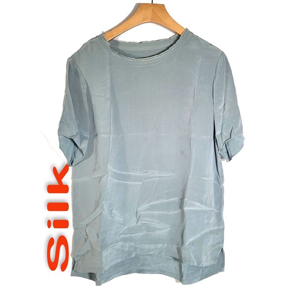 Women's 100% Silk Size M Short Sleeve Top Shirt Raw Collar Hem Design SBK115 - Picture 1 of 6